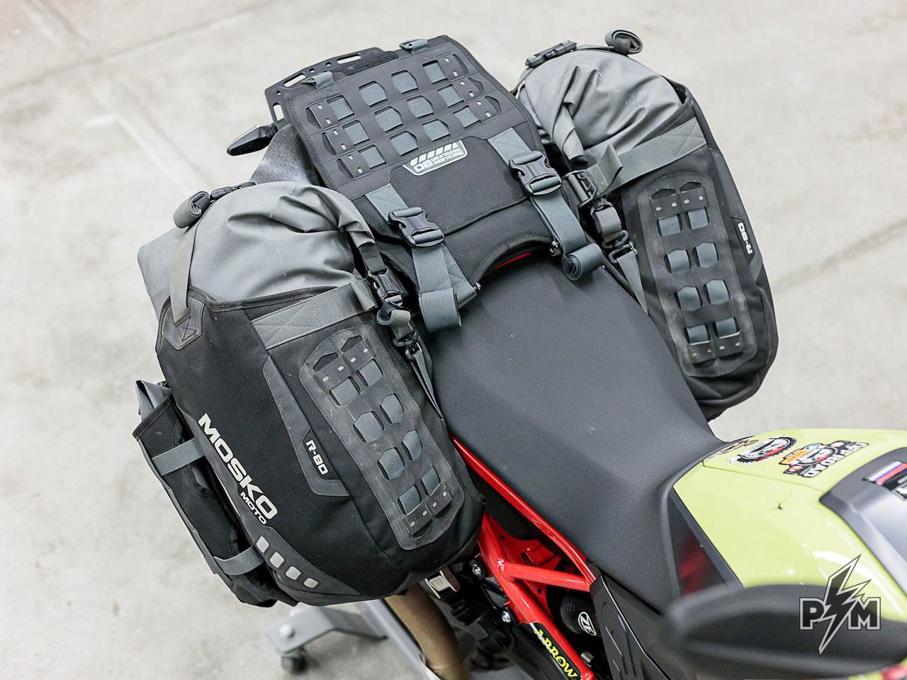 Perun moto BMW F900GS top luggage rack and Tie-down brackets with Mosko moto Reckless 80